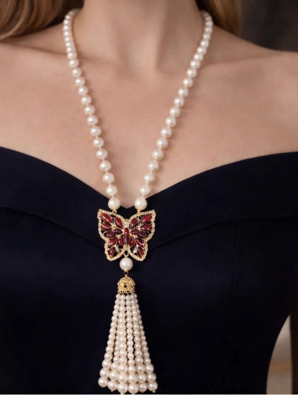 Elegant Faux Pearl Necklace w/ Red Butterfly Pendant & Tassel Vintage Style - Picture 1 of 7
